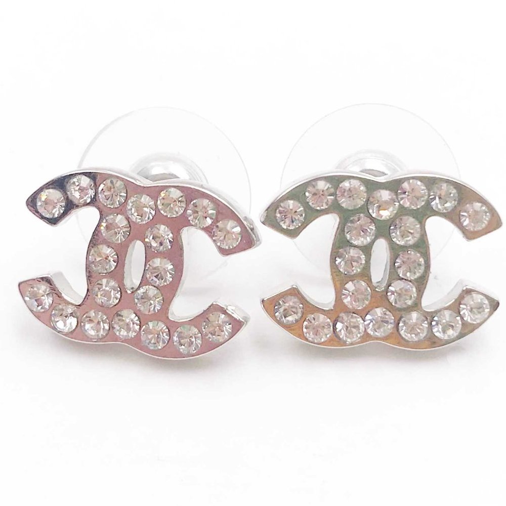 Chanel Classic Silver CC Crystal Medium Piercing Earrings